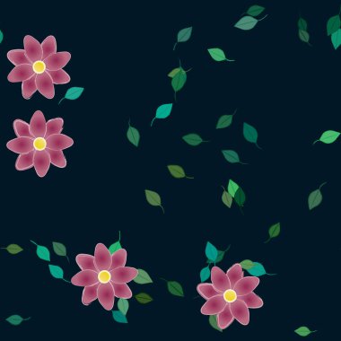 Basit renkli çiçekleri ve arka planda yeşil yaprakları olan güzel kompozisyon, vektör illüstrasyonu