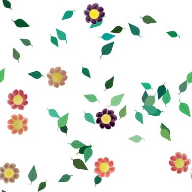 Serbest kompozisyonda yeşil yapraklı basit çiçekler, vektör illüstrasyonu