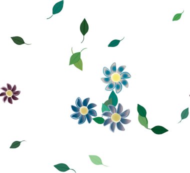 Serbest kompozisyonda yeşil yapraklı basit çiçekler, vektör illüstrasyonu