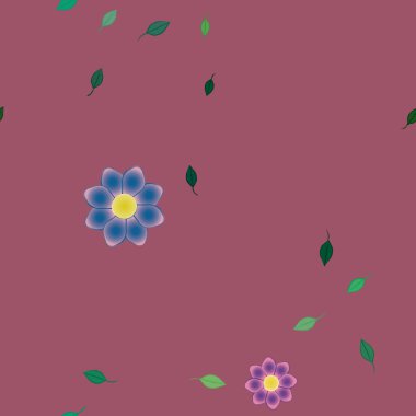 Basit renkli çiçekleri ve arka planda yeşil yaprakları olan güzel kompozisyon, vektör illüstrasyonu