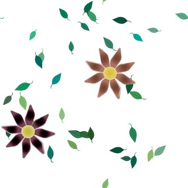 Basit renkli çiçekleri ve arka planda yeşil yaprakları olan güzel kompozisyon, vektör illüstrasyonu