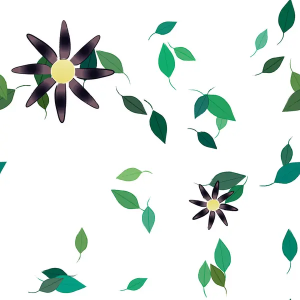 Composição Bonita Com Flores Coloridas Simples Folhas Verdes Fundo Ilustração — Vetor de Stock