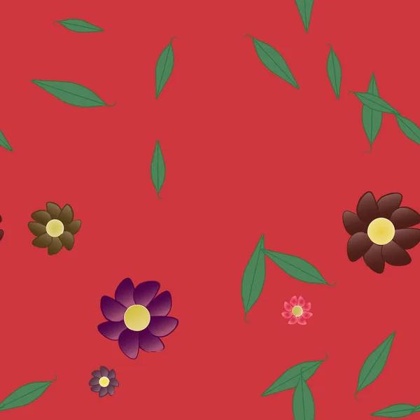 Modèle Vectoriel Avec Des Fleurs Colorées Simples Des Feuilles Vertes — Image vectorielle