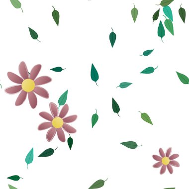 Basit çiçek ve yeşil yapraklı tasarım kompozisyonu, vektör illüstrasyonu