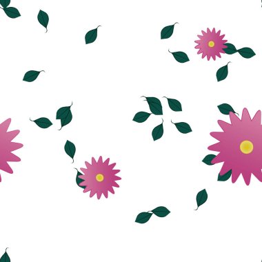 Basit renkli çiçekleri ve arka planda yeşil yaprakları olan güzel kompozisyon, vektör illüstrasyonu