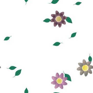 Basit renkli çiçekleri ve arka planda yeşil yaprakları olan güzel kompozisyon, vektör illüstrasyonu