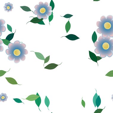 Basit renkli çiçekleri ve arka planda yeşil yaprakları olan güzel kompozisyon, vektör illüstrasyonu