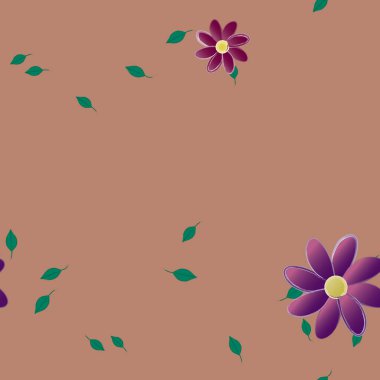 Basit renkli çiçekleri ve arka planda yeşil yaprakları olan güzel kompozisyon, vektör illüstrasyonu