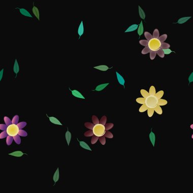 basit renkli çiçekleri olan serbest kompozisyon ve duvar kağıdı için yeşil yapraklar, vektör illüstrasyonu