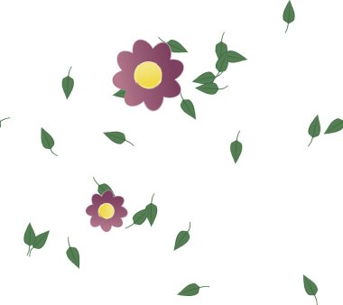 Basit renkli çiçekleri ve arka planda yeşil yaprakları olan güzel kompozisyon, vektör illüstrasyonu