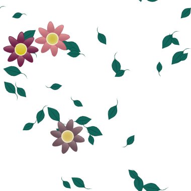 Basit renkli çiçekleri ve arka planda yeşil yaprakları olan güzel kompozisyon, vektör illüstrasyonu