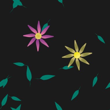 Basit renkli çiçekleri ve arka planda yeşil yaprakları olan güzel kompozisyon, vektör illüstrasyonu