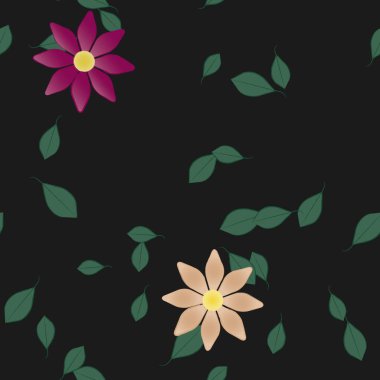 Serbest kompozisyonda yeşil yapraklı basit çiçekler, vektör illüstrasyonu