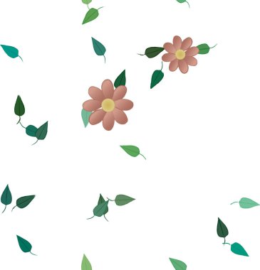 Serbest kompozisyonda yeşil yapraklı basit çiçekler, vektör illüstrasyonu