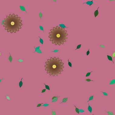 basit renkli çiçekleri olan serbest kompozisyon ve duvar kağıdı için yeşil yapraklar, vektör illüstrasyonu