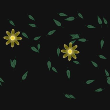 Basit renkli çiçekleri ve arka planda yeşil yaprakları olan güzel kompozisyon, vektör illüstrasyonu