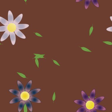 basit renkli çiçekleri olan serbest kompozisyon ve duvar kağıdı için yeşil yapraklar, vektör illüstrasyonu