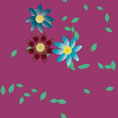 Basit çiçek ve yeşil yapraklı tasarım kompozisyonu, vektör illüstrasyonu