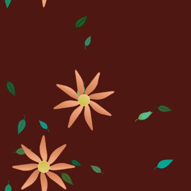 Basit renkli çiçekleri ve arka planda yeşil yaprakları olan güzel kompozisyon, vektör illüstrasyonu