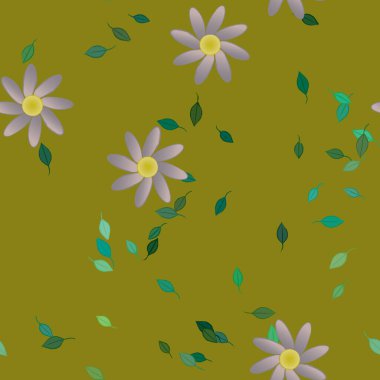 Basit renkli çiçekleri ve arka planda yeşil yaprakları olan güzel kompozisyon, vektör illüstrasyonu