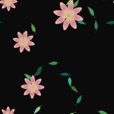 Serbest kompozisyonda yeşil yapraklı basit çiçekler, vektör illüstrasyonu