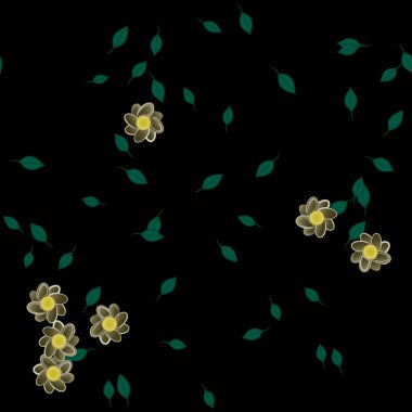 basit renkli çiçekleri olan serbest kompozisyon ve duvar kağıdı için yeşil yapraklar, vektör illüstrasyonu