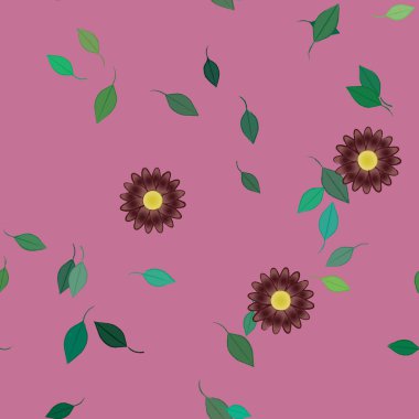 Basit çiçek ve yeşil yapraklı tasarım kompozisyonu, vektör illüstrasyonu