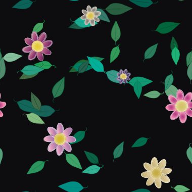 Serbest kompozisyonda yeşil yapraklı basit çiçekler, vektör illüstrasyonu