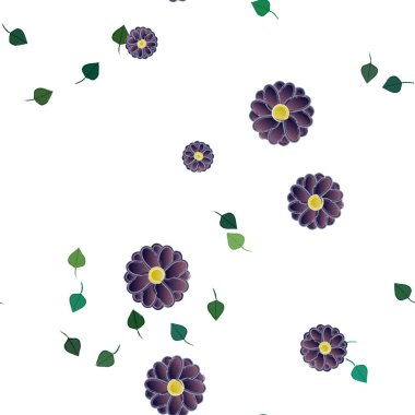 Basit renkli çiçekleri ve arka planda yeşil yaprakları olan güzel kompozisyon, vektör illüstrasyonu