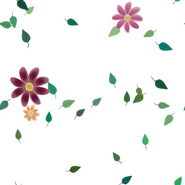 Serbest kompozisyonda yeşil yapraklı basit çiçekler, vektör illüstrasyonu