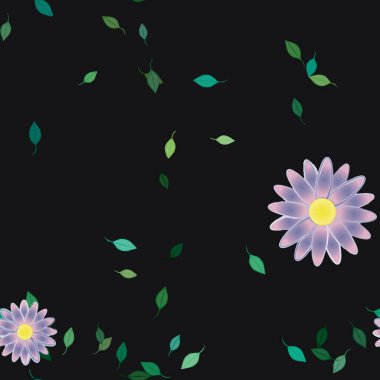 Basit renkli çiçekleri ve arka planda yeşil yaprakları olan güzel kompozisyon, vektör illüstrasyonu