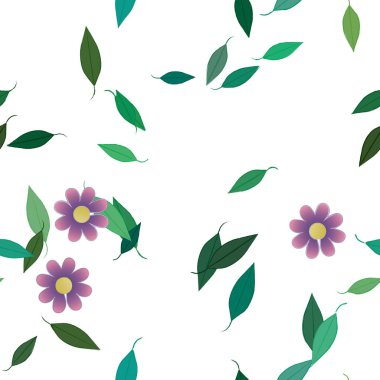 Serbest kompozisyonda yeşil yapraklı basit çiçekler, vektör illüstrasyonu