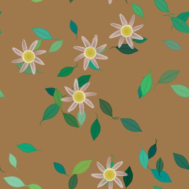 Basit renkli çiçekleri ve arka planda yeşil yaprakları olan güzel kompozisyon, vektör illüstrasyonu