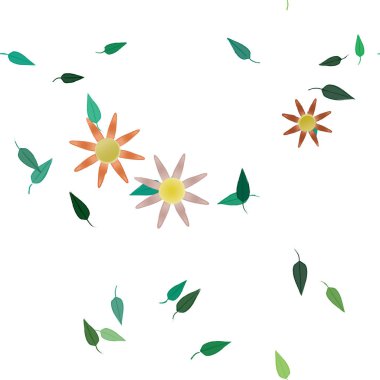 Serbest kompozisyonda yeşil yapraklı basit çiçekler, vektör illüstrasyonu