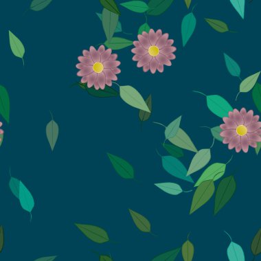 Basit renkli çiçekleri ve arka planda yeşil yaprakları olan güzel kompozisyon, vektör illüstrasyonu