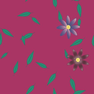 basit renkli çiçekleri olan serbest kompozisyon ve duvar kağıdı için yeşil yapraklar, vektör illüstrasyonu