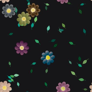 basit renkli çiçekleri olan serbest kompozisyon ve duvar kağıdı için yeşil yapraklar, vektör illüstrasyonu