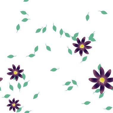 Basit renkli çiçekleri ve arka planda yeşil yaprakları olan güzel kompozisyon, vektör illüstrasyonu