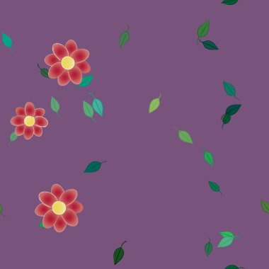 Serbest kompozisyonda yeşil yapraklı basit çiçekler, vektör illüstrasyonu