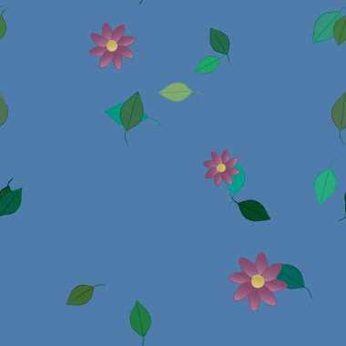 Serbest kompozisyonda yeşil yapraklı basit çiçekler, vektör illüstrasyonu