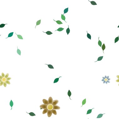 Basit renkli çiçekleri ve arka planda yeşil yaprakları olan güzel kompozisyon, vektör illüstrasyonu