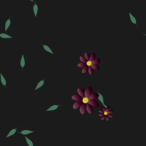 Modèle Vectoriel Avec Des Fleurs Colorées Simples Des Feuilles Vertes — Image vectorielle