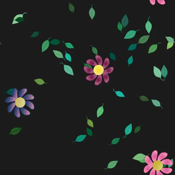 Plantilla Vector Con Flores Coloridas Simples Hojas Verdes — Vector de stock