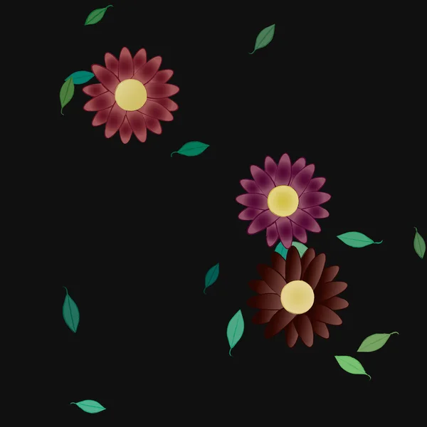 Flores Simples Con Hojas Verdes Composición Libre Ilustración Vectorial — Vector de stock