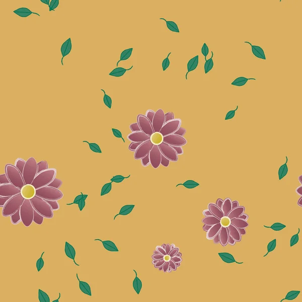 Composição Bonita Com Flores Coloridas Simples Folhas Verdes Fundo Ilustração — Vetor de Stock