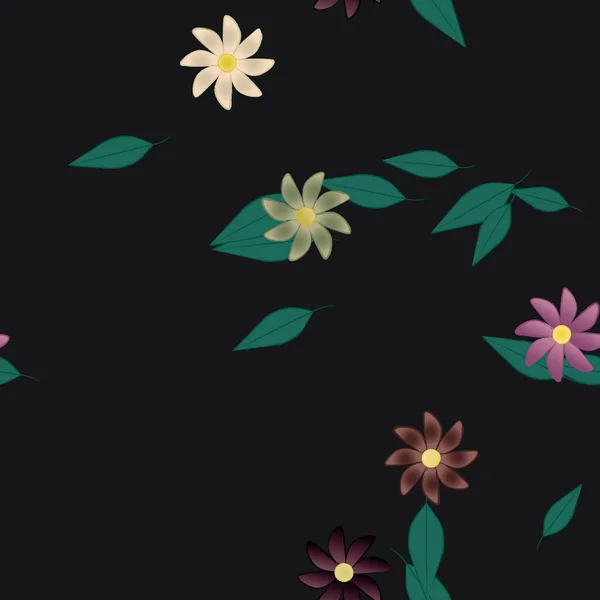 Modèle Vectoriel Avec Des Fleurs Colorées Simples Des Feuilles Vertes — Image vectorielle