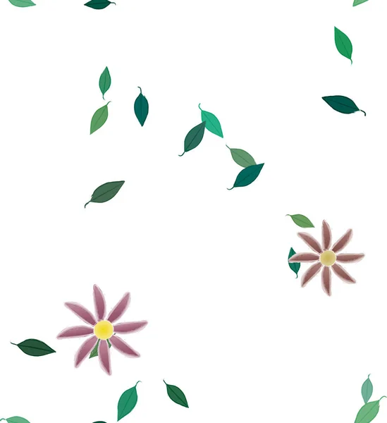 Mooie Compositie Met Eenvoudige Gekleurde Bloemen Groene Bladeren Achtergrond Vector — Stockvector