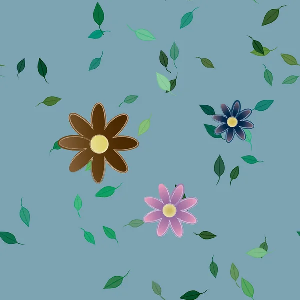 Modèle Vectoriel Avec Des Fleurs Colorées Simples Des Feuilles Vertes — Image vectorielle