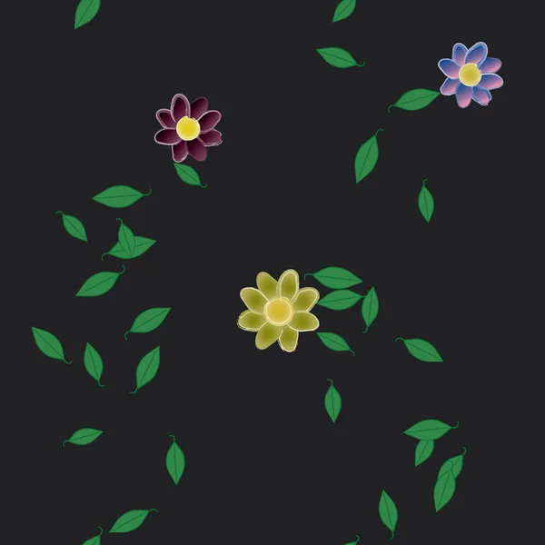 Plantilla Vector Con Flores Coloridas Simples Hojas Verdes — Archivo Imágenes Vectoriales