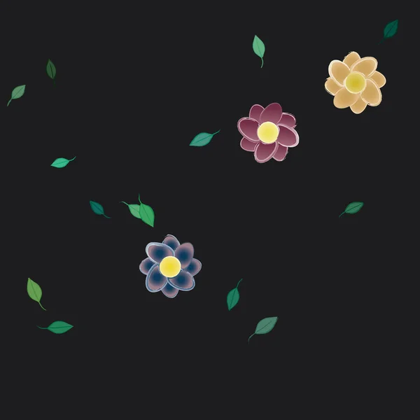 Flores Simples Con Hojas Verdes Composición Libre Ilustración Vectorial — Vector de stock